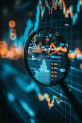 A magnifying glass over a financial newspaper with stock market charts and numbers, representing stock growth and analysis for a business innovation concept.