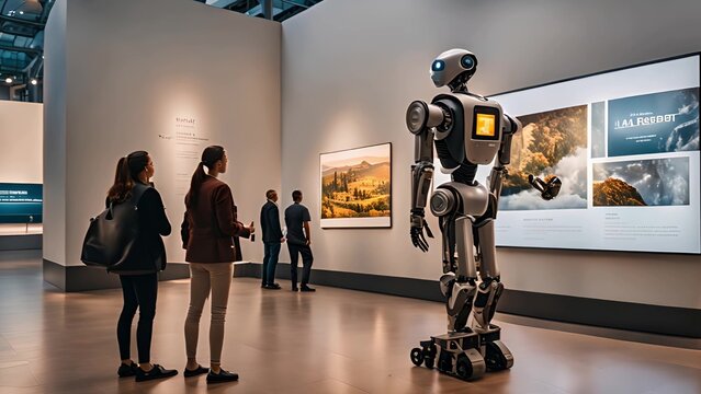 A group of visitors is observing a robot displayed in an art museum