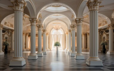 Fototapeta premium A large, empty room with white pillars and a chandelier