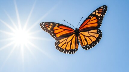 Fototapeta premium Butterfly in flight against clear sky with sunlight streaming through its wings, creating dreamy