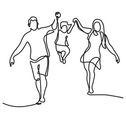 Happy family in line art drawing style. view of parents with their little kid holding hands and walking together black sketch isolated on white background. Vector illustration.