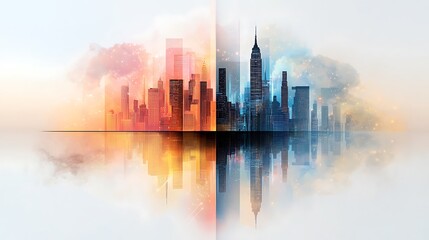 Obraz premium The colorful abstract city skyline is depicted through a dynamic collage of geometric shapes and patterns, illuminated by vibrant bursts of neon and pastel light effects that dance across the canvas