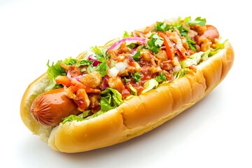 Hotdog with ketchup, mustard, and relish, isolated on a white background, ideal for food visuals
