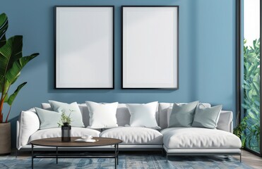 A minimalist living room with a white couch. a coffee table. two framed canvases. a floor lamp. and a window overlooking a city skyline