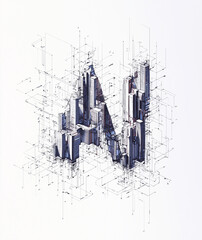 Fototapeta premium Stylized cityscape showcasing modern architecture intertwined with digital elements.