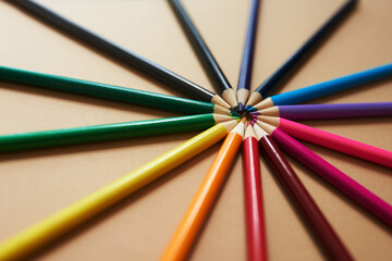 Pencil, color and circle for creative, writing or art work with supplies in studio closeup....