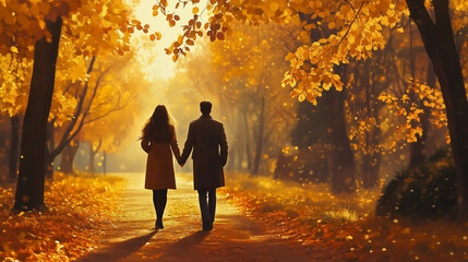 Obraz premium A couple walks hand in hand through a scenic autumn landscape filled with golden leaves.