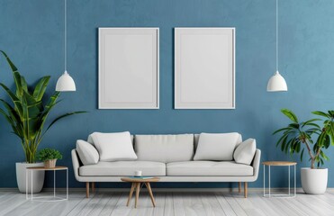 Minimalist living room interior with a white sofa. two empty frames. and a potted plant