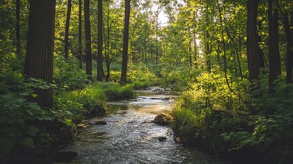 Obraz premium A peaceful forest with a clear river flowing gently, fish swimming in the water, surrounded by trees and lush greenery. Sunlight filtering through leaves creates dappled light on the water, highlighti