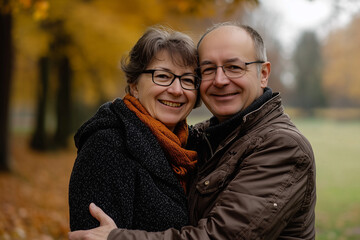 Fototapeta premium A joyful couple embracing in an autumn park with vibrant foliage.