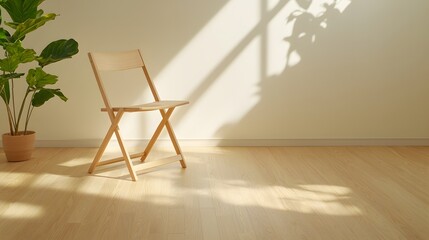 Simple folding chair in a white room with a warm wooden floor, creating a balanced, uncluttered space, 8K