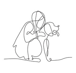 Girl with a dog in line art drawing style. Pet lover black sketch isolated on white background. Vector illustration.