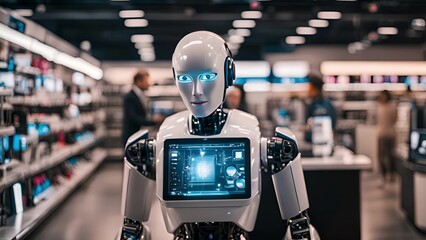 In a store, a robot with blue eyes showcases advanced technology