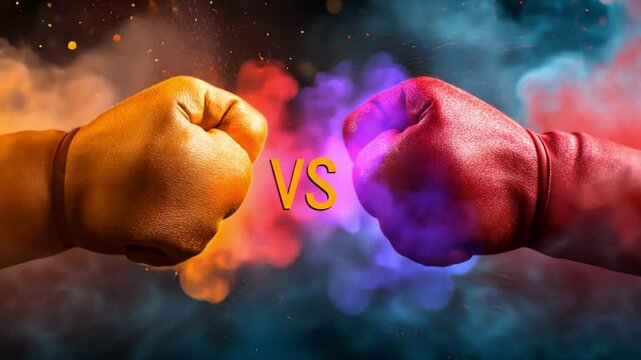 two colored fists colliding with explosion of particles on split background. dynamic energy and vibrant interaction.