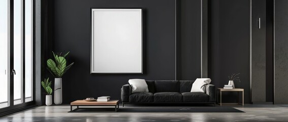 Minimalist living room interior with black sofa. framed picture. and a plant in a vase