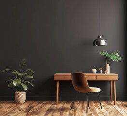 A minimalist workspace with a black desk. chair. and a large chalkboard wall A window with sunlight streams in from the left A plant sits on the desk
