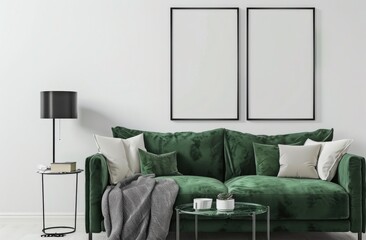 A green velvet sofa with throw blanket. three framed prints. a floor lamp. and a coffee table with a plant. books. and coasters in a minimalist living room