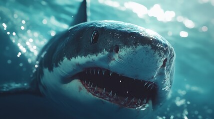 Naklejka premium A close-up of a shark face as it glides through the water