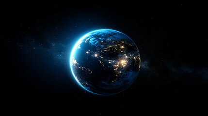 Naklejka premium The sunrise over the Earth illuminates its curved surface, the blue of the atmosphere merges with space, creating a view that impresses with its beauty and grandeur.