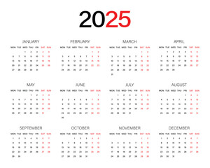 calendar for year 2025. simple calendar for print, diary, app, website, ui, sticker, design element. transparent png and vector illustration.