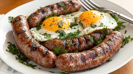 Fried eggs with golden yolks alongside grilled sausages