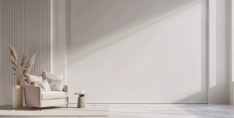 Minimalist living room interior design with a white sofa and armchair. a table with decor. and a large window with sunlight streaming in