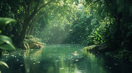 
Tranquil river in a lush forest, small fish swimming in the clear water, embraced by trees and vibrant greenery. Sunlight filters through the leaves, casting soft shadows, reflecting the peaceful bea
