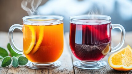 Two steaming mugs of tea, one with orange slices and the other a deep red hue, are set against a rustic wooden background, evoking warmth and comfort.