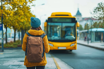 A woman with a backpack walking down the street in front of a yellow bus