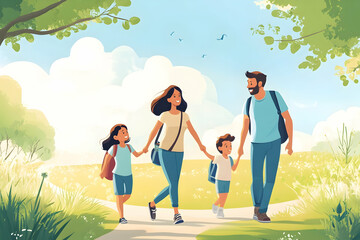 Happy family walking together on a warm summer day