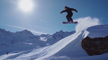 Snowboarder executes stunning trick in midair over snowy landscape