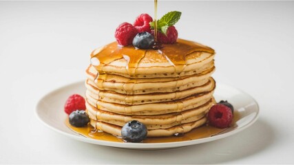 Fluffy Pancakes with Berries and Syrup