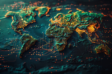 Futuristic 3D Relief Map of Global Trade & Digital Commerce