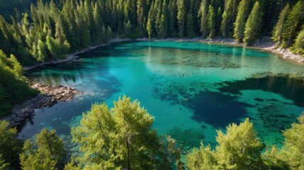 Aerial View of Clear Turquoise River Flowing Through Lush Green Forest
