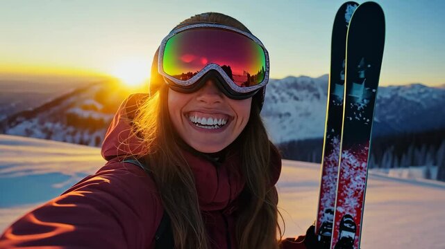 Laughing young woman holding ski in winter mountain at sunset while smiling in front of camera - Extreme winter sport concept - Model by AI generative