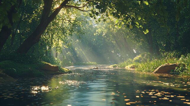 
Tranquil river in a lush forest, small fish swimming in the clear water, embraced by trees and vibrant greenery. Sunlight filters through the leaves, casting soft shadows, reflecting the peaceful bea
