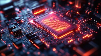 Fototapeta premium Close-up of a glowing circuit board with a central processor.