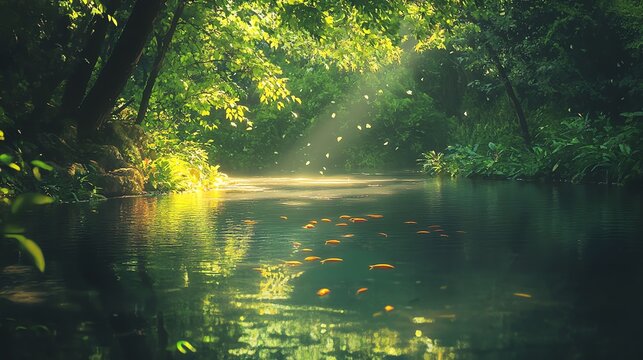 
Tranquil river in a lush forest, small fish swimming in the clear water, embraced by trees and vibrant greenery. Sunlight filters through the leaves, casting soft shadows, reflecting the peaceful bea