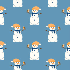 Christmas seamless pattern with a cute snowman in a hat, scarf and with bird. Vector winter background. Perfect for textiles, wallpaper or holiday design.