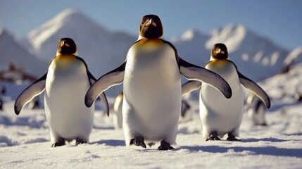 Fototapeta premium A group of penguins waddling across the snow under a clear sky
