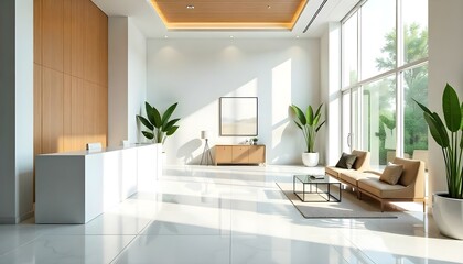 Fototapeta premium Commercial business lobby with a sparkling white marble floor and copy space