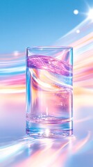 Luminous Glass of Water Illuminated by Colorful Light in Vibrant Setting