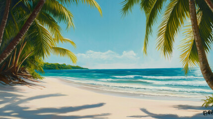 Tropical beach with white sands and gentle waves lapping against the shore, framed by palm trees
