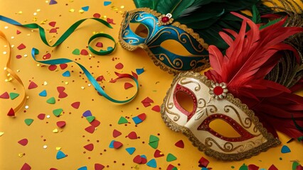 Fototapeta premium Brazilian Carnival Masks and Confetti Flat Lay - Vibrant Colors and Festive Atmosphere for Celebrations