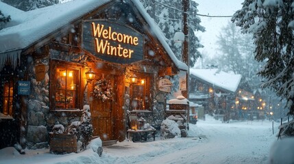 Fototapeta premium Picturesque Snowy Mountain Lodge Welcoming Winter Visitors with Cozy Atmosphere and Charming Snow-Covered Surroundings Perfect for Holiday Getaways