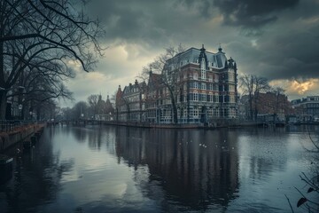 Fototapeta premium Dramatic sky over a canal reflecting traditional brick buildings in amsterdam, netherlands