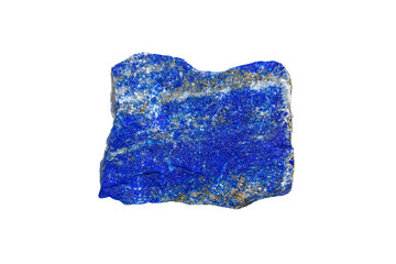 Natural rough Lapis lazuli gemstone on white background, semi-precious stone that contain Lazurite, Sodalite, Calcite and Pyrite mineral (selective focus)