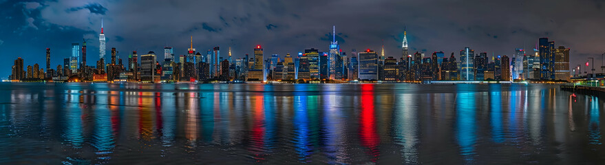 Naklejka premium Panoramic view of the New York skyline at night, illuminated buildings reflecting in the water