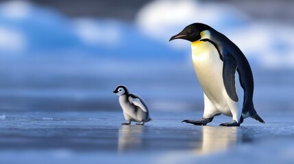 Fototapeta premium A penguin chick following its parent across the ice