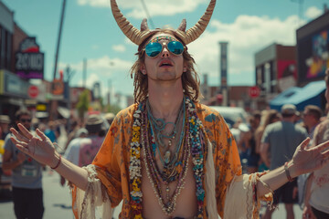 A man with horns on his head is walking down the street